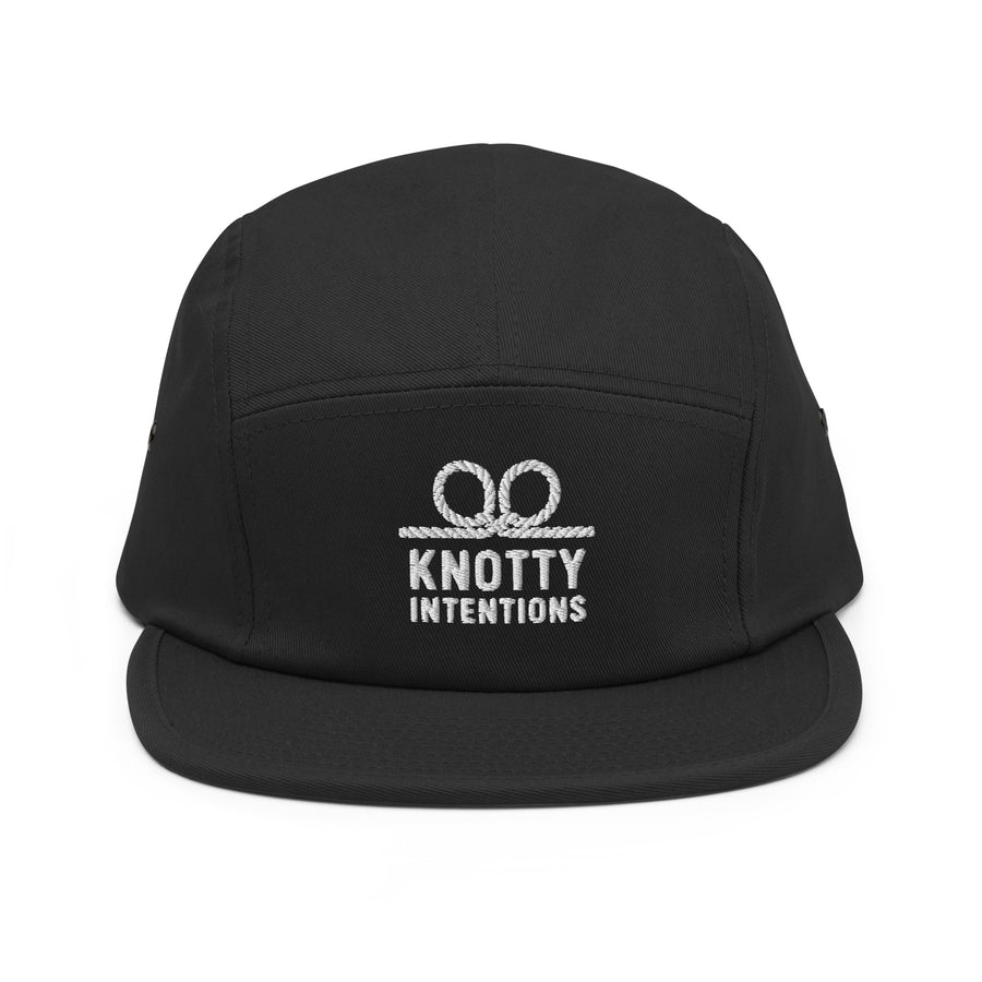 Black Everyday Knotty five-panel cap, front with white rope logo and Knotty Intentions embroidery.