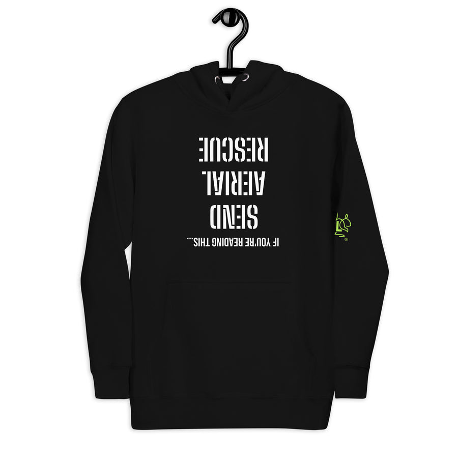 Black Send Aerial Rescue hoodie on a hanger, front with upside-down white rescue message.