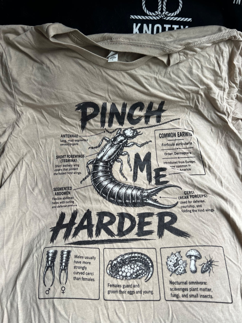 Close view of the Pinch Me Harder earwig artwork printed on Chris’s light-colored shirt.