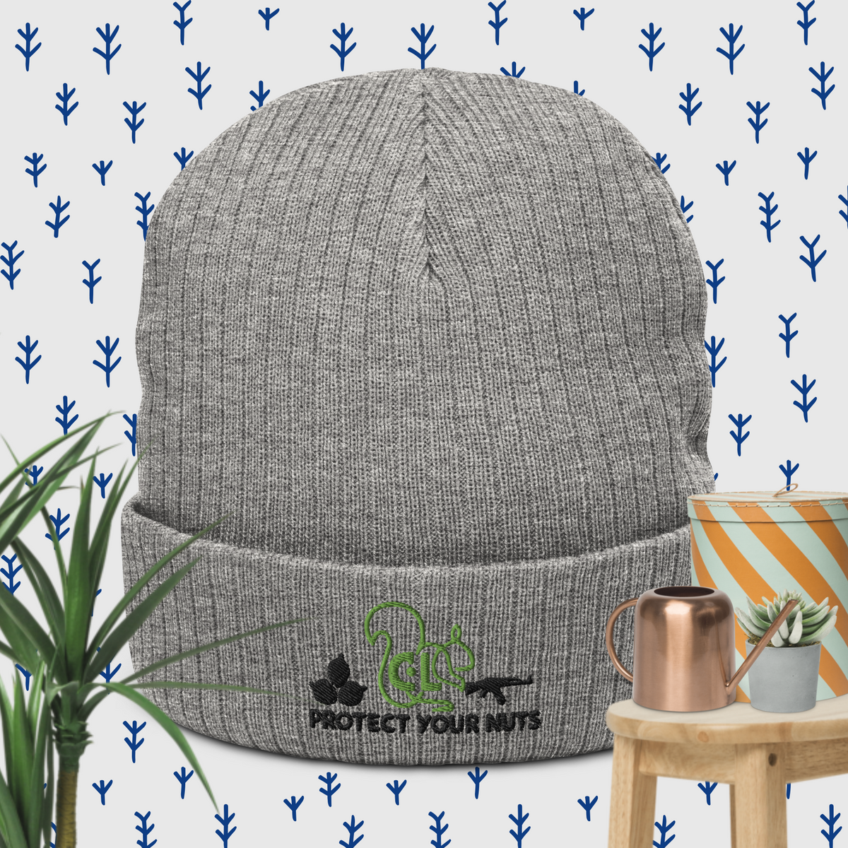 Gray Protect Your Nuts ribbed beanie, front view with green squirrel and black slogan embroidery.