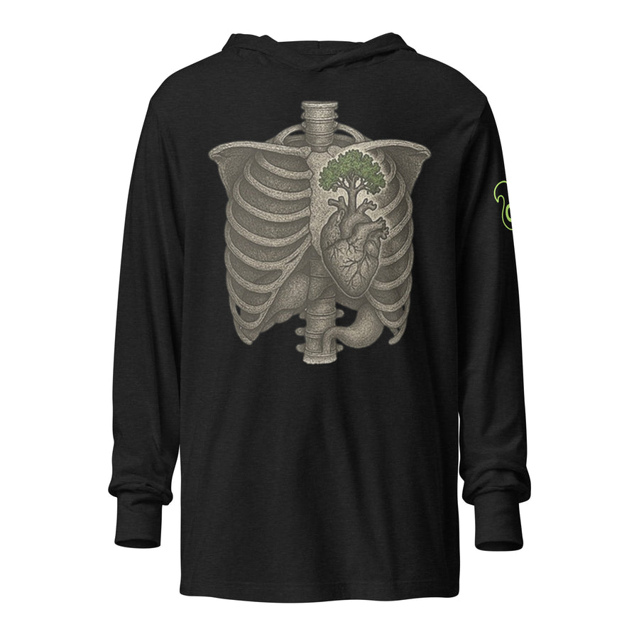 Black Heartwood Vision hooded long-sleeve tee, front with ribcage and tree-heart illustration view.