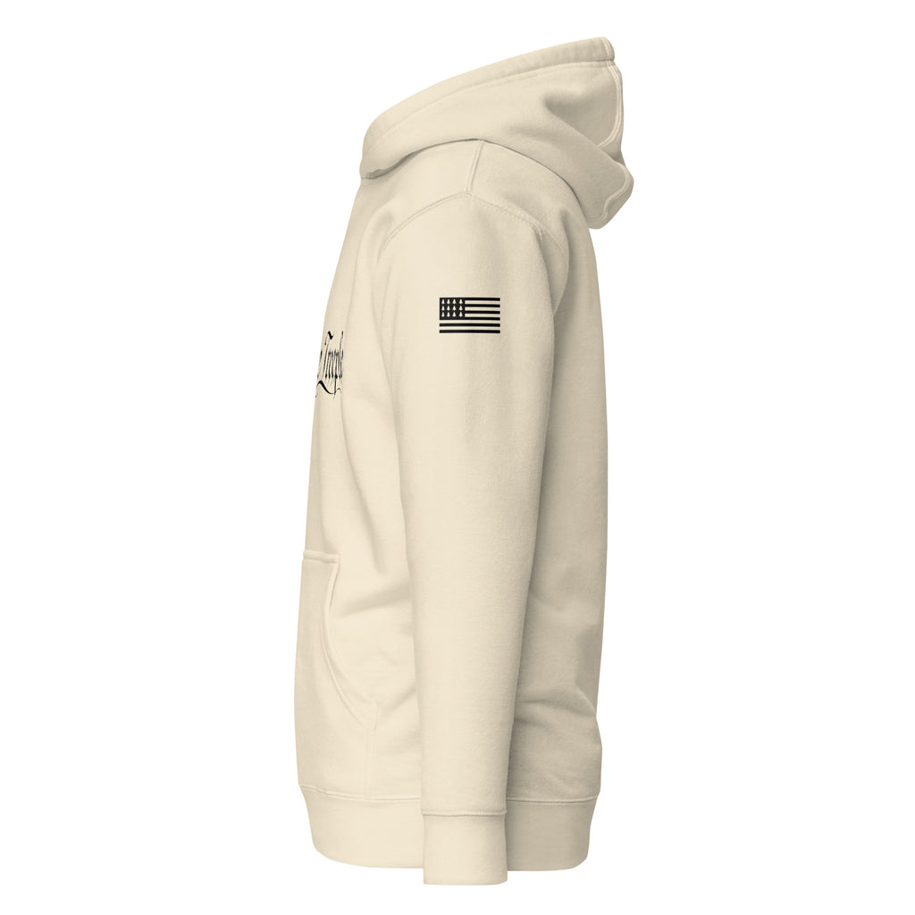 Black tree flag on upper left sleeve of Bone We the Treeple hoodie
