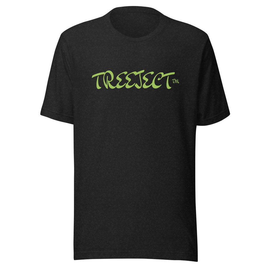 Black TREEJECT tee, front with lime-green lettering.