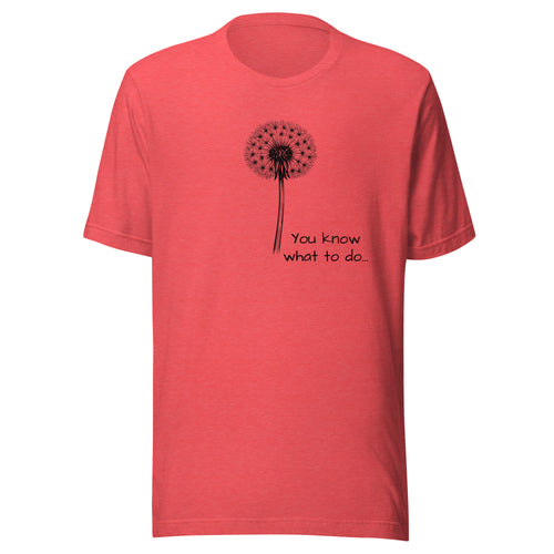 Red Blow Me tee, front view with dandelion graphic and You know what to do lettering.