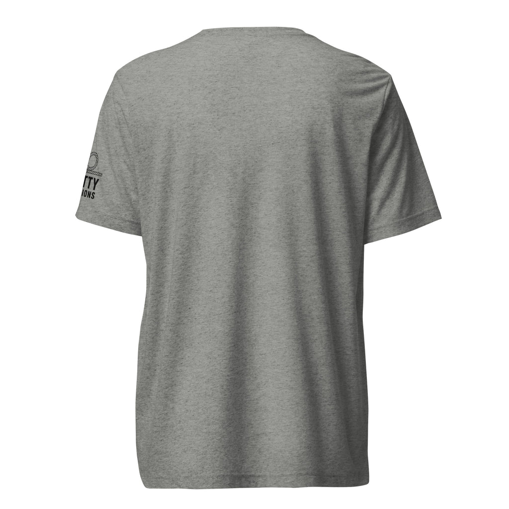 Gray Challenge Accepted tee, plain back view with KI sleeve branding.