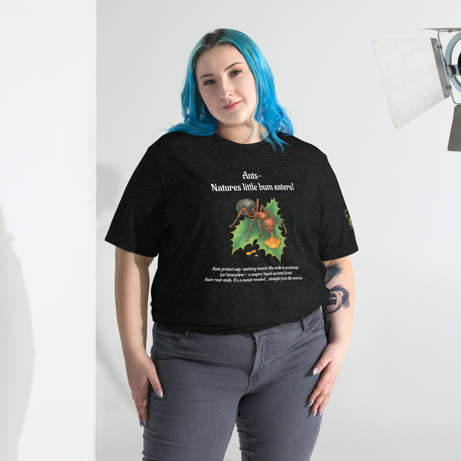 Model wearing a black Edgy Educator Ant tee, full front view with ant illustration and educational lettering.