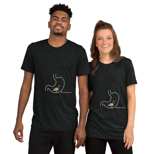 Two models wearing dark Bread Please tees, front views with a duck inside a stomach outline.