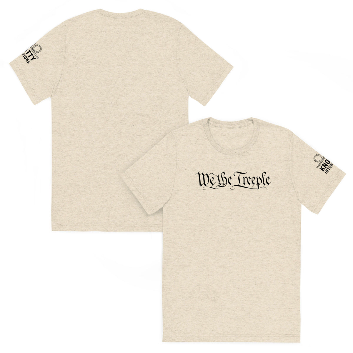 Cream We the Treeple tee, front-and-back composite showing black chest lettering and sleeve logo.