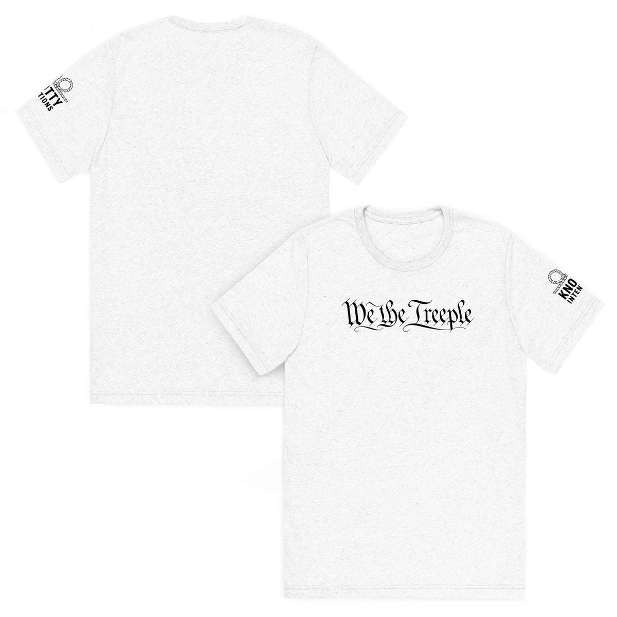 White We the Treeple tee, front-and-back composite showing black chest lettering and sleeve logo.