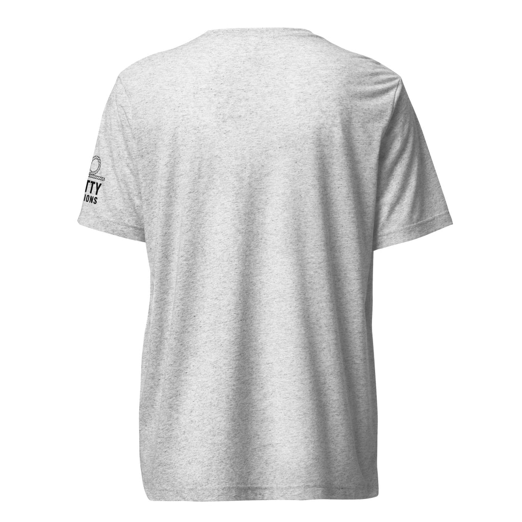 Light heather gray Challenge Accepted tee, plain back view with KI sleeve branding.