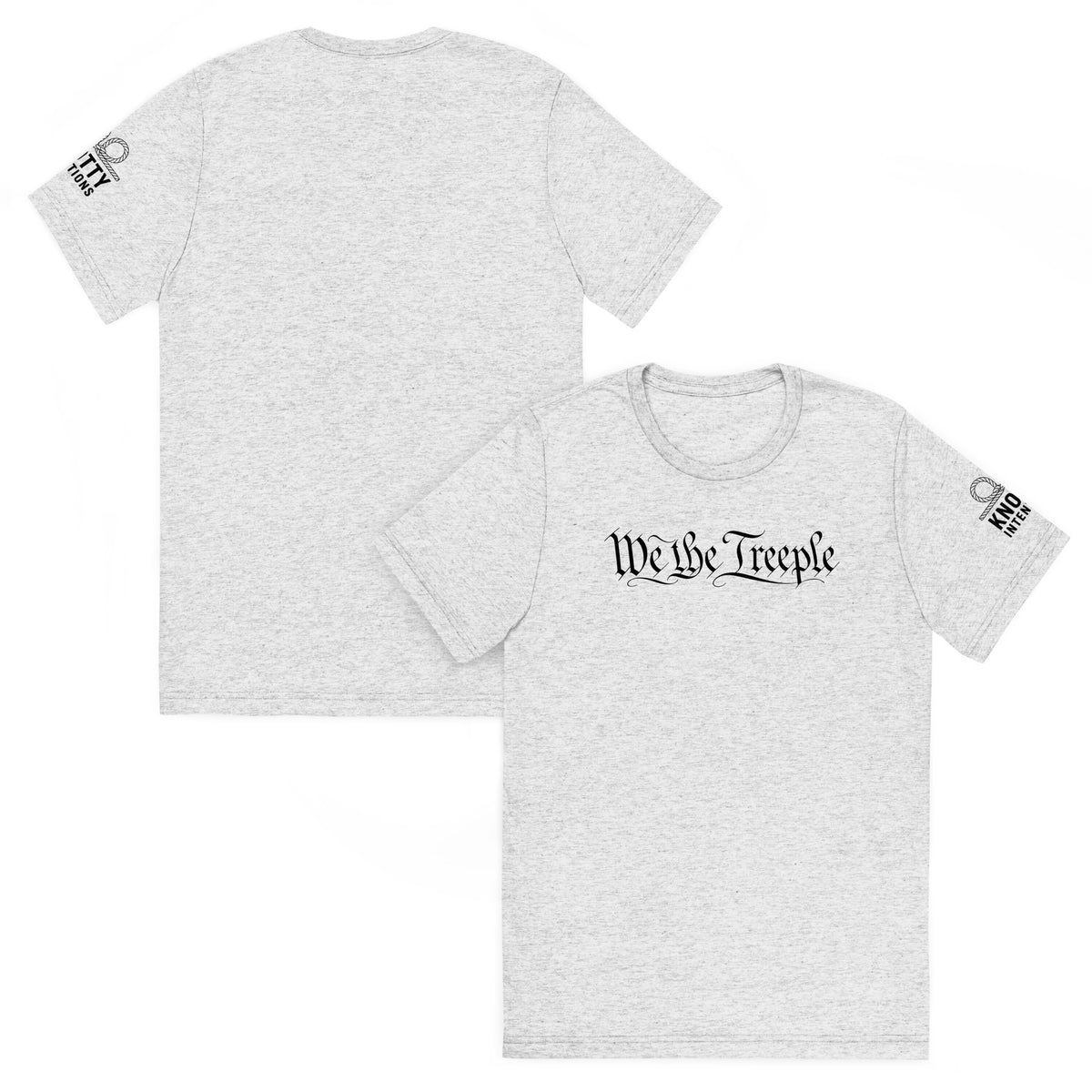Light heather gray We the Treeple tee, front-and-back composite showing black chest lettering and sleeve logo.