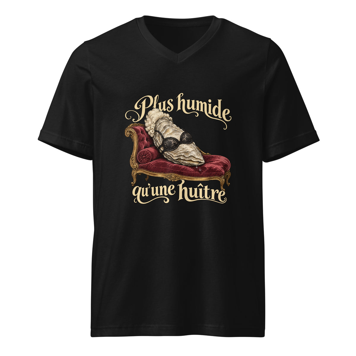 Black V-neck tee with an oyster in a powdered wig and black bra reclining on a burgundy chaise, framed by cream French lettering.