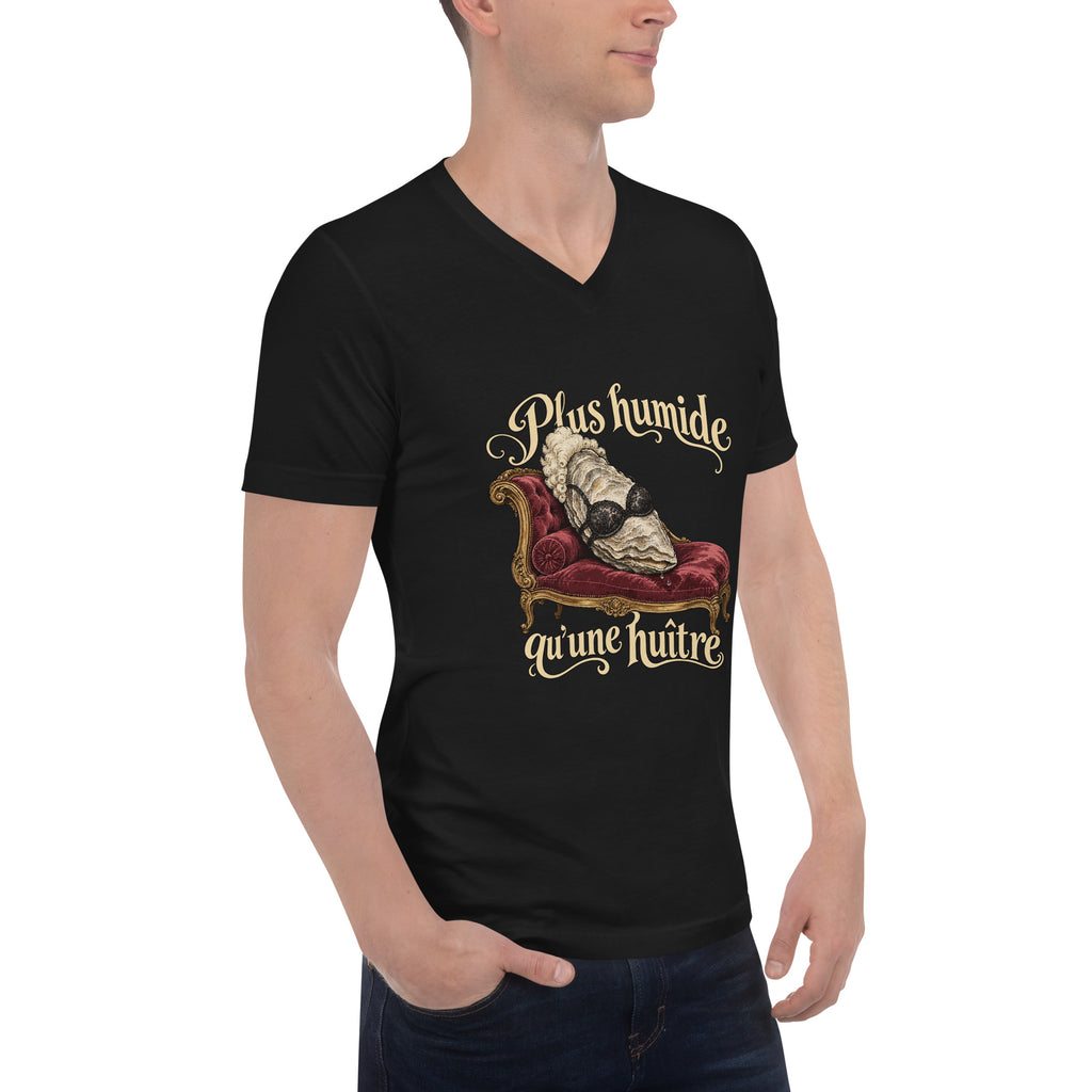 Angled model view of the black French Oyster V-neck with the cream lettering and burgundy chaise graphic.