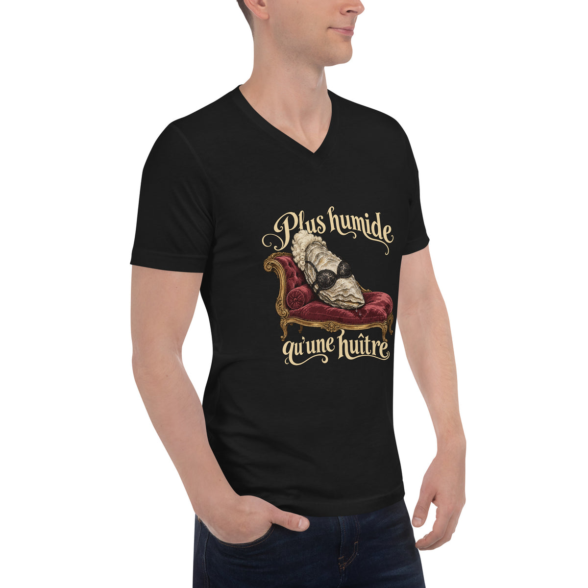 Angled model view of the black French Oyster V-neck with the cream lettering and burgundy chaise graphic.